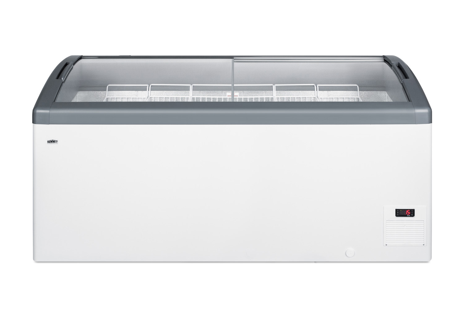 Curved top commercial ice cream freezer made in Denmark, with sliding glass lid, digital thermostat, novelty baskets, and 17.1 cu.ft. interior